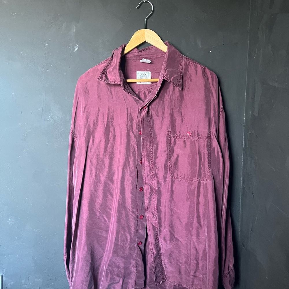 Vintage Burgundy 100% Silk Button-Up Shirt